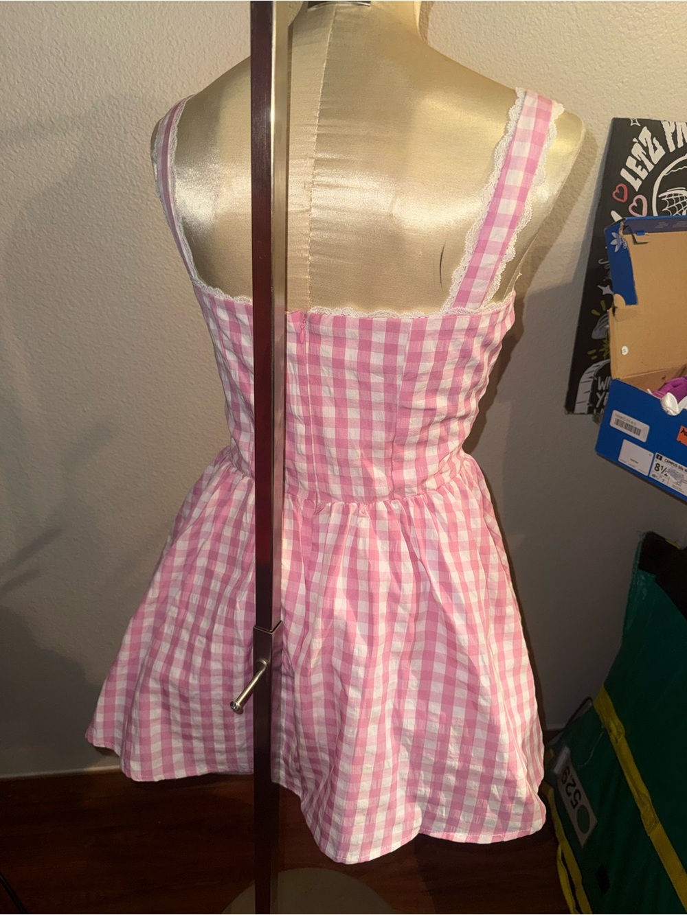 NWOT Unique Vintage Pink Gingham Lace Trim Mini Dress Size XL - Picture 12 of 16